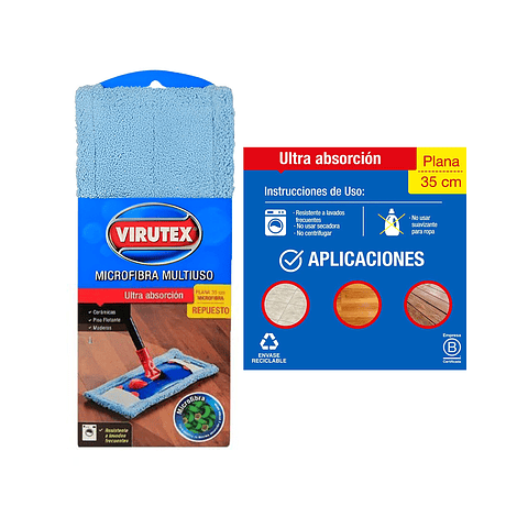 Virutex - Repuesto de Mopa Plana de Microfibra de 35 cm - Uso Seco y Húmedo