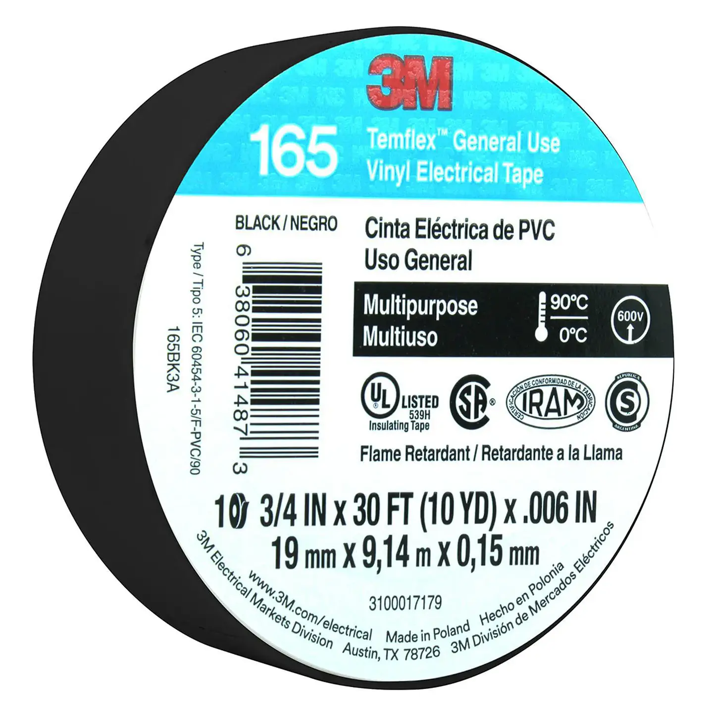 Cinta Aisladora Eléctrica Uso General 19 mm x 9 m Negra 1