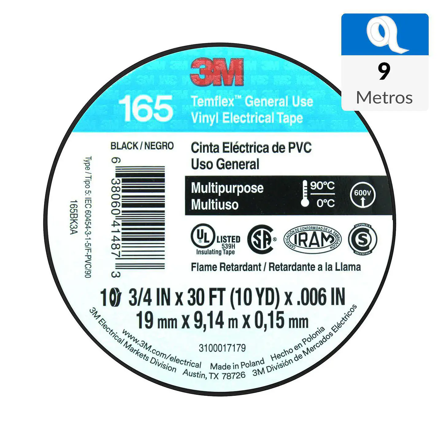 Cinta Aisladora Eléctrica Uso General 19 mm x 9 m Negra 3