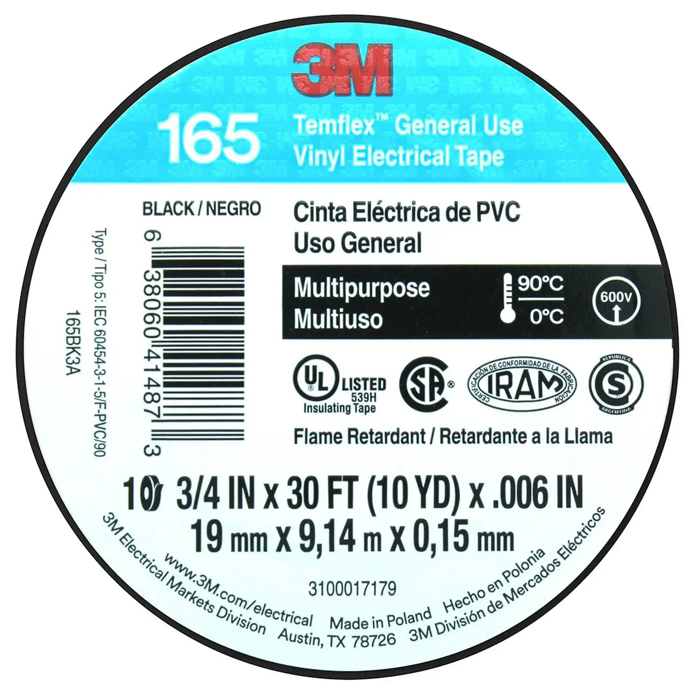 Cinta Aisladora Eléctrica Uso General 19 mm x 9 m Negra 2