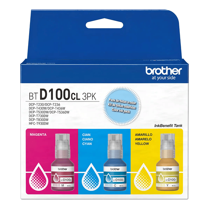 Kit de 3 Botellas de Tinta Original Brother BTD100CL3PK - Cian, Magenta y Amarillo - 5.000 Páginas 1