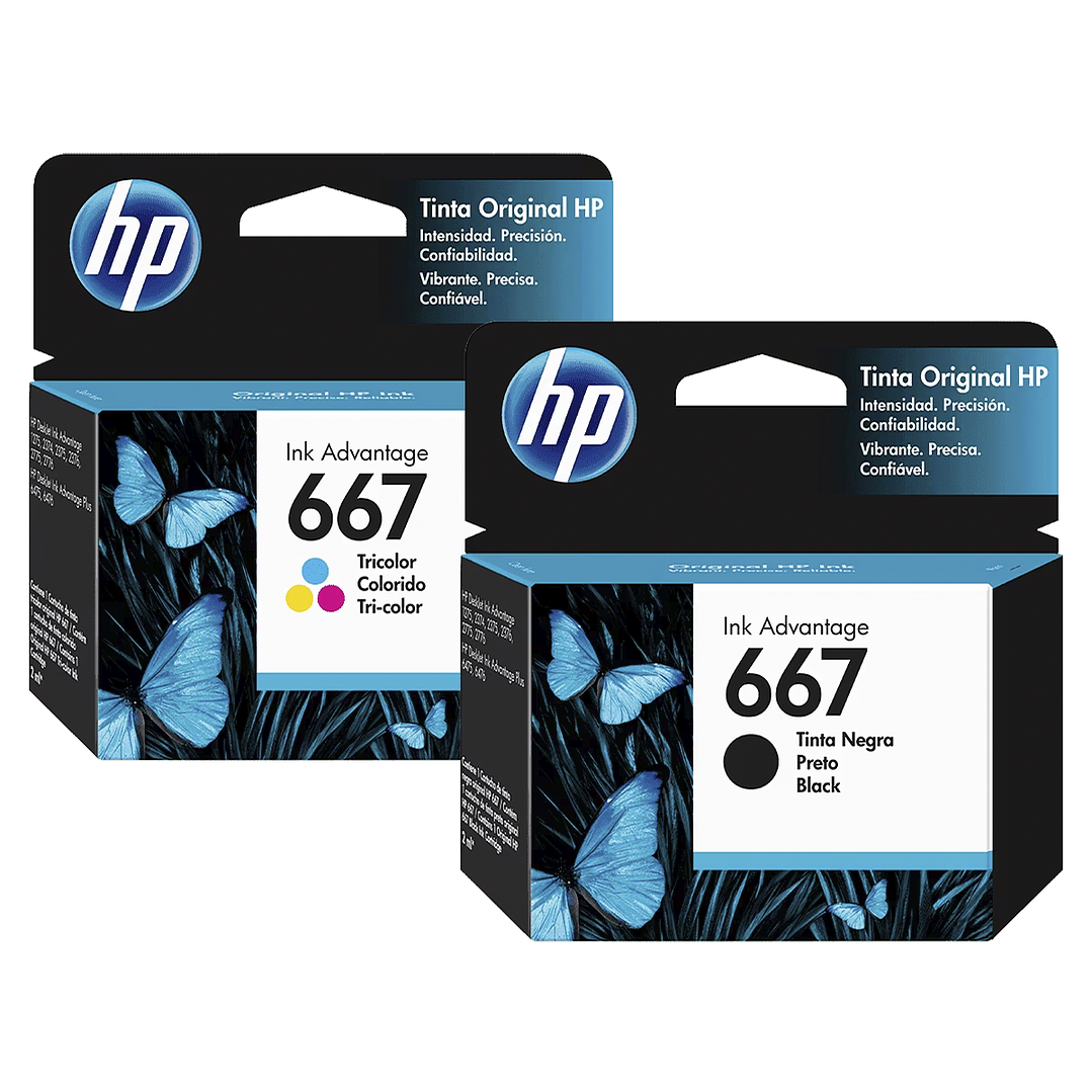 Pack de Tintas HP 667 Negro y Tricolor - 3YM78AL - 120 Páginas, DeskJet 1200, 2300, 2700, 6000, 6400 1