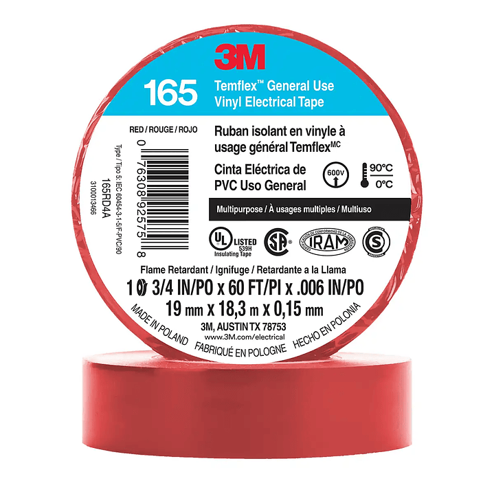 Huincha Aisladora 3M Temflex 165 - Calidad Profesional 19mm x 18.3m 2