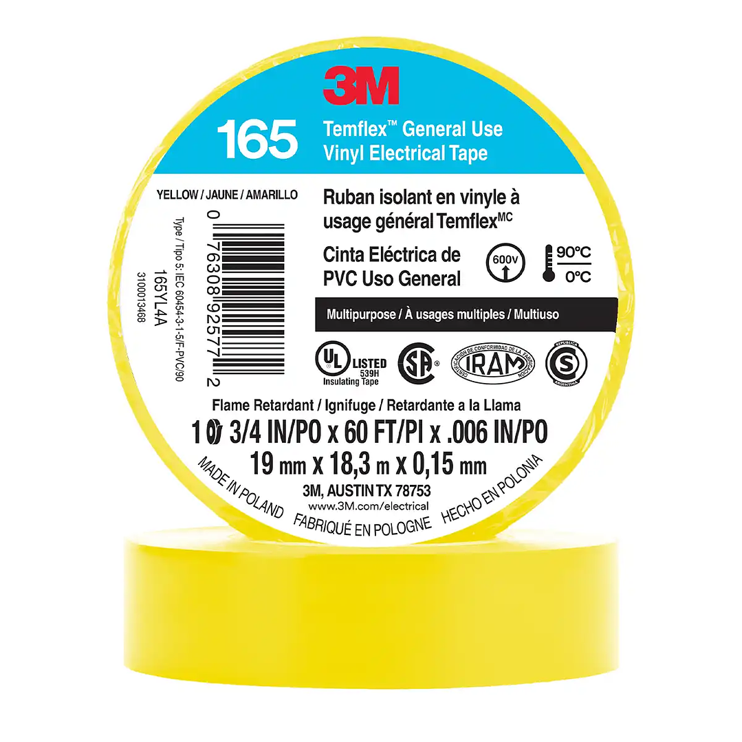 Huincha Aisladora 3M Temflex 165 - Calidad Profesional 19mm x 18.3m 3