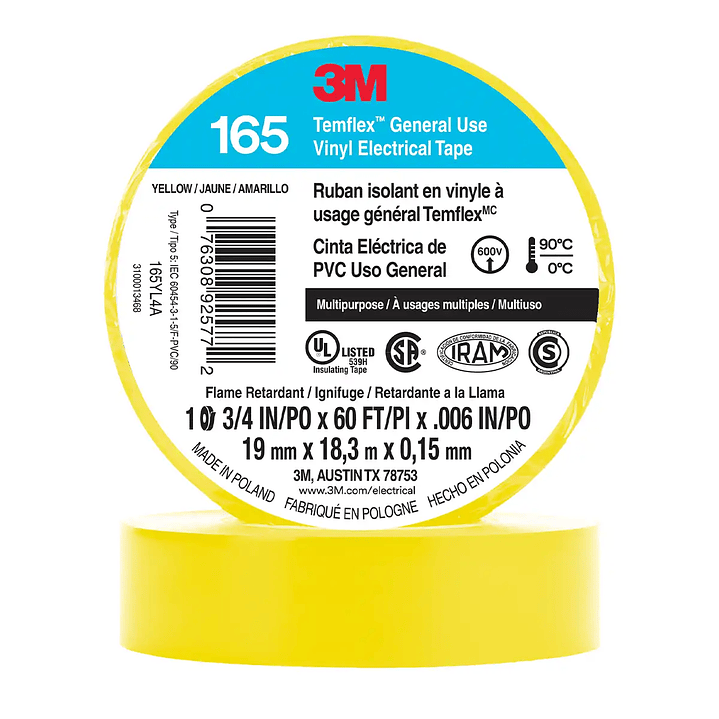 Huincha Aisladora 3M Temflex 165 - Calidad Profesional 19mm x 18.3m 3