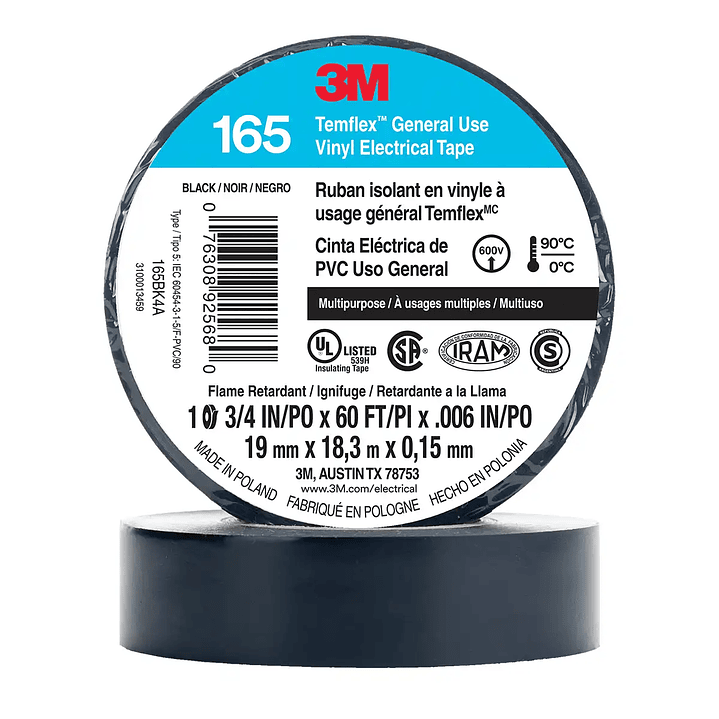 Huincha Aisladora 3M Temflex 165 - Calidad Profesional 19mm x 18.3m 1