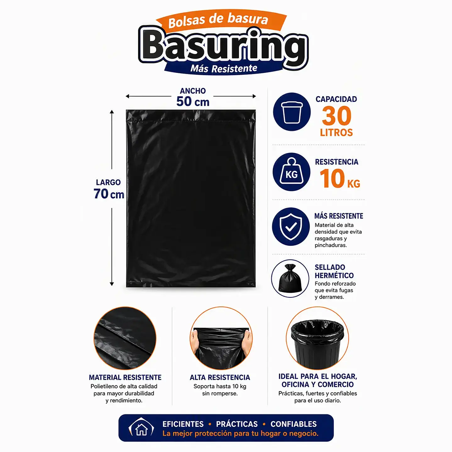 Pack Bolsas de Basura 50x70 cm 100 Unidades | Resistencia 10 kg Basuring 2