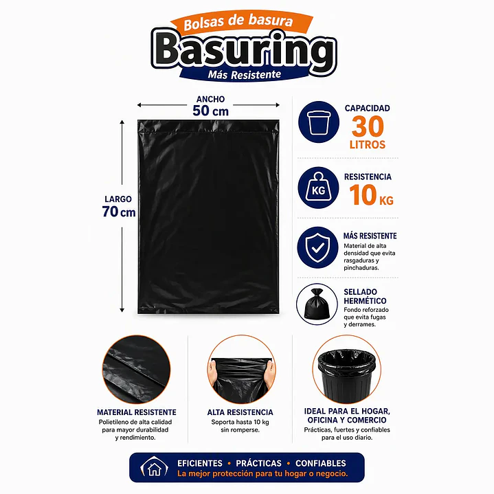 Pack Bolsas de Basura 50x70 cm 100 Unidades | Resistencia 10 kg Basuring 2