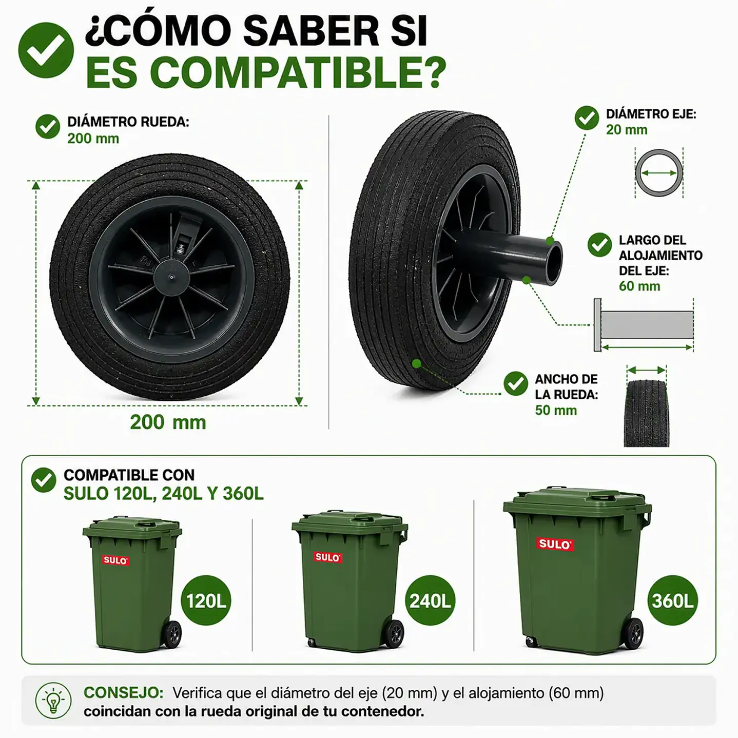 Rueda Maciza 200 mm para Contenedor de Basura SULO y Otras Marcas Compatibles 4