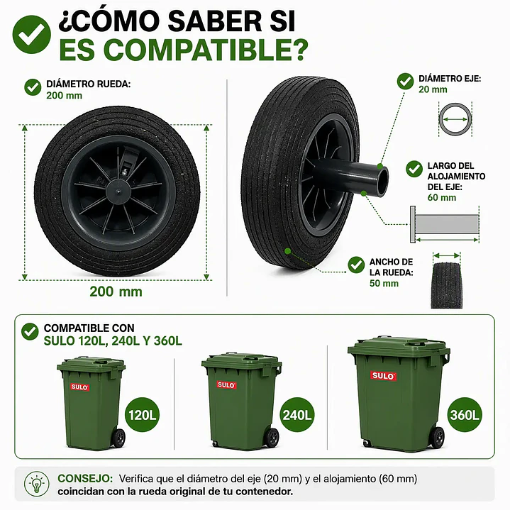 Rueda Maciza 200 mm para Contenedor de Basura SULO y Otras Marcas Compatibles 4