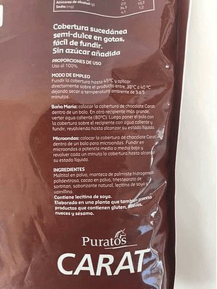 Cobertura De Chocolate Puratos Cover Pastelería  Sin Azúcar 1kg
