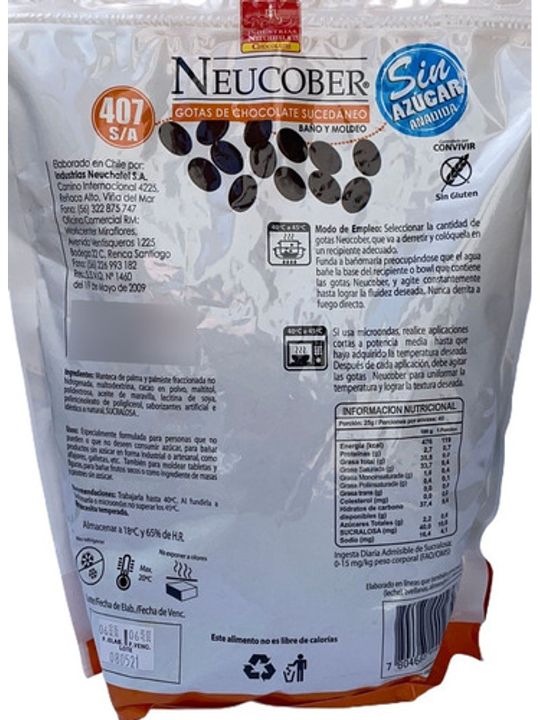 Cobertura De Chocolate Neucober 407 Sin Azucar Sin Gluten 1 kg 2