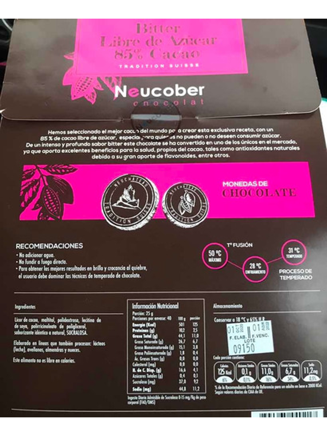 Chocolate Neucober Bitter 85% Cacao Sin Azúcar Sin Gluten 1 kg 2