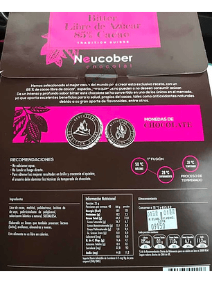 Chocolate Neucober Bitter 85% Cacao Sin Azúcar Sin Gluten 1 kg