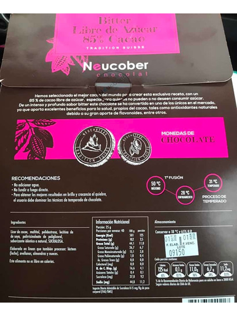 Chocolate Neucober Bitter 85% Cacao Sin Azúcar Sin Gluten 1 kg 2