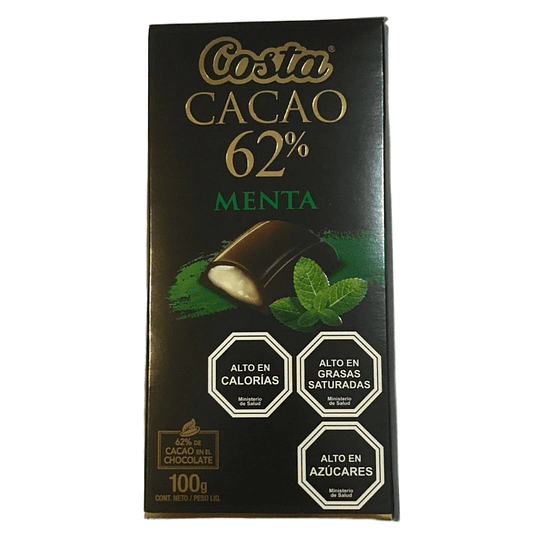 Chocolate Barra Costa 62% Cacao Relleno Menta 100 Grs