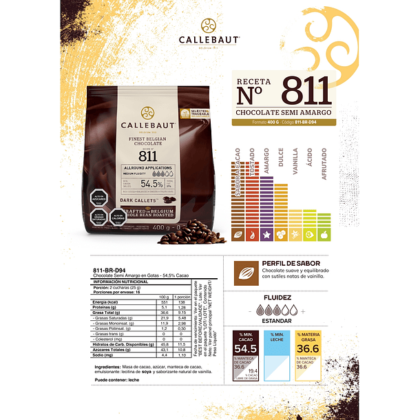 Chocolate Belga Callebaut Amargo N° 811 54,5% Cacao 400grs 2