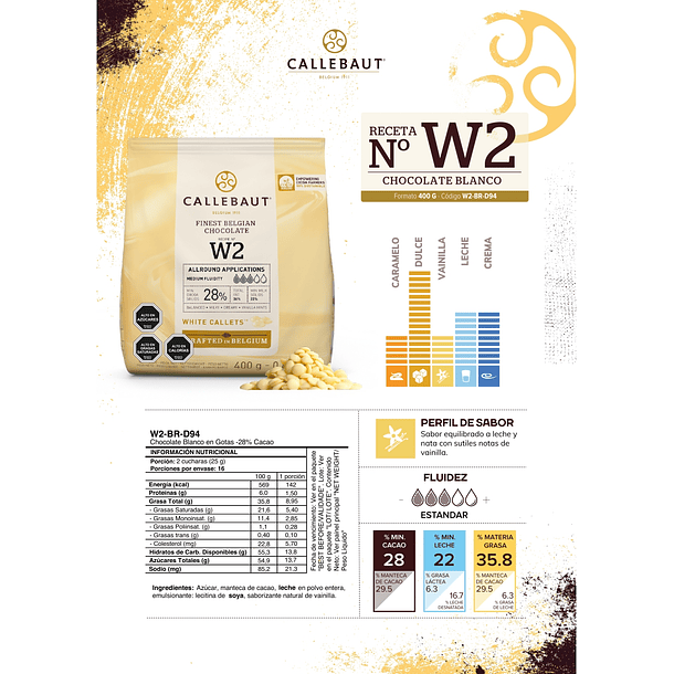 Chocolate Belga Callebaut Blanco N°w2 28% Cacao 400grs 2