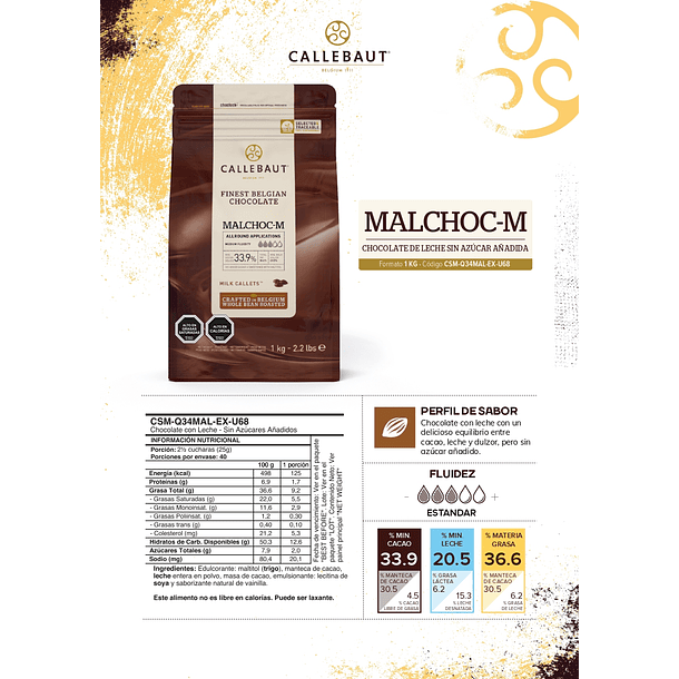 Chocolate Callebaut Sin Azúcar Malchoc-d 53,9% Cacao 1kg 2
