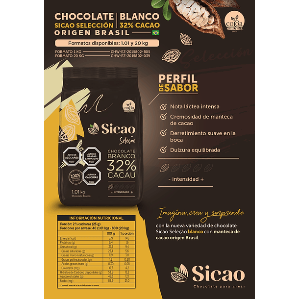 Sicao Chocolate selección blanco 32% cacao 1,01 kg 2