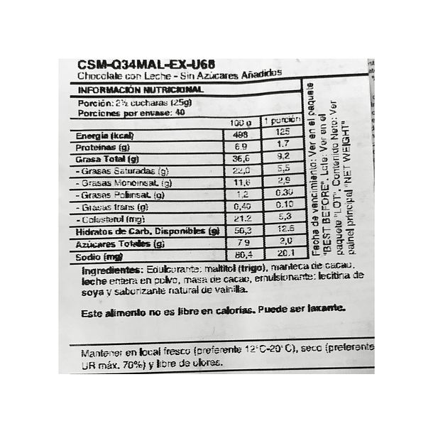Chocolate Callebaut Sin Azúcar Malchoc-m Leche 34,1% cacao 1kg 2
