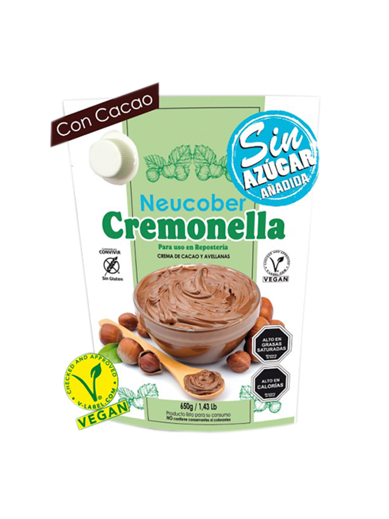 Cremonella Neucober Relleno de Avellana y Cacao Sin Azúcar 650grs (Tipo Nutella) 1
