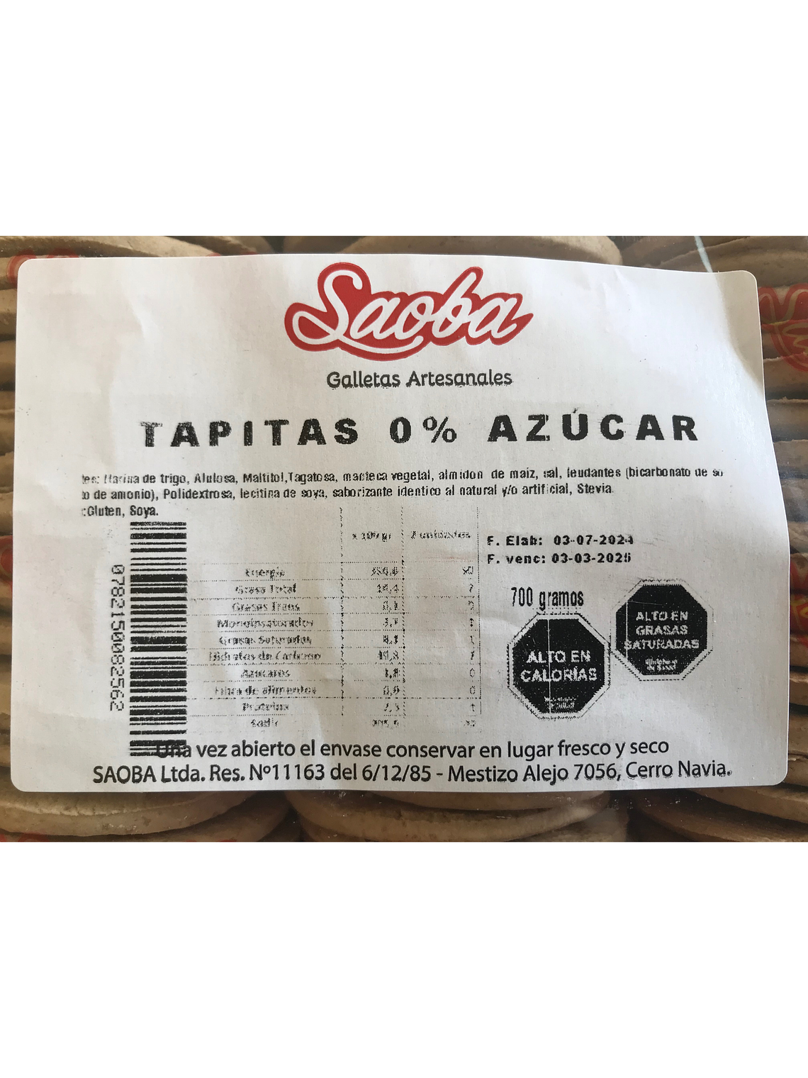 Galleta Para Alfajor Sin Azúcar Saoba 700 Grs 2