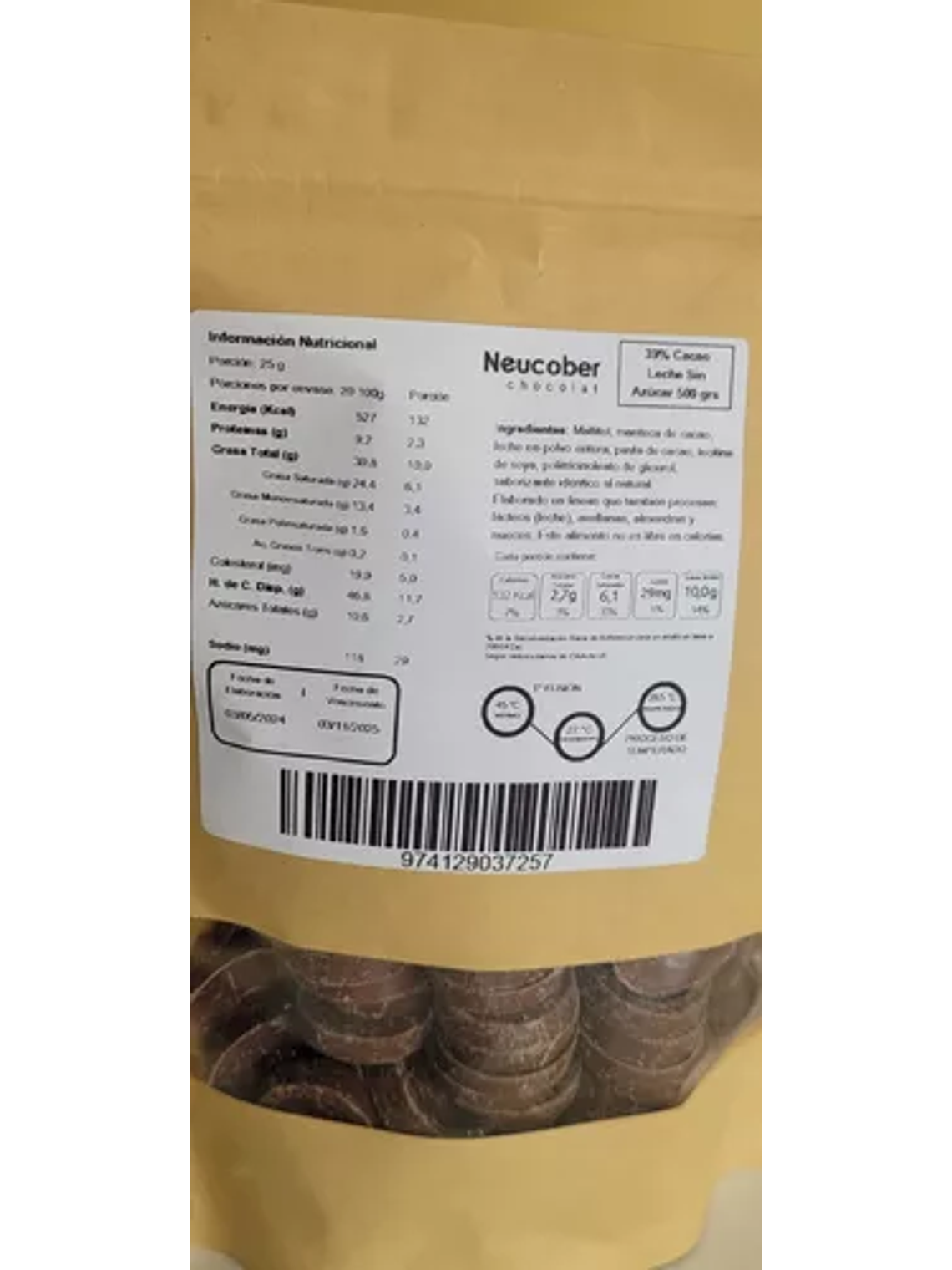 Chocolate Neucober 39% Cacao Leche Sin Azúcar 500 Grs 4