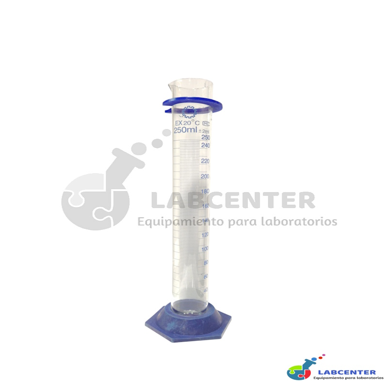 PROBETA DE VIDRIO BASE HEXAGONAL PLASTICA AZUL 250 ML