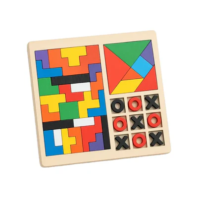 JUEGO DE MADERA 3 EN 1 TANGRAM, ROPECABEZAS Y GATO.