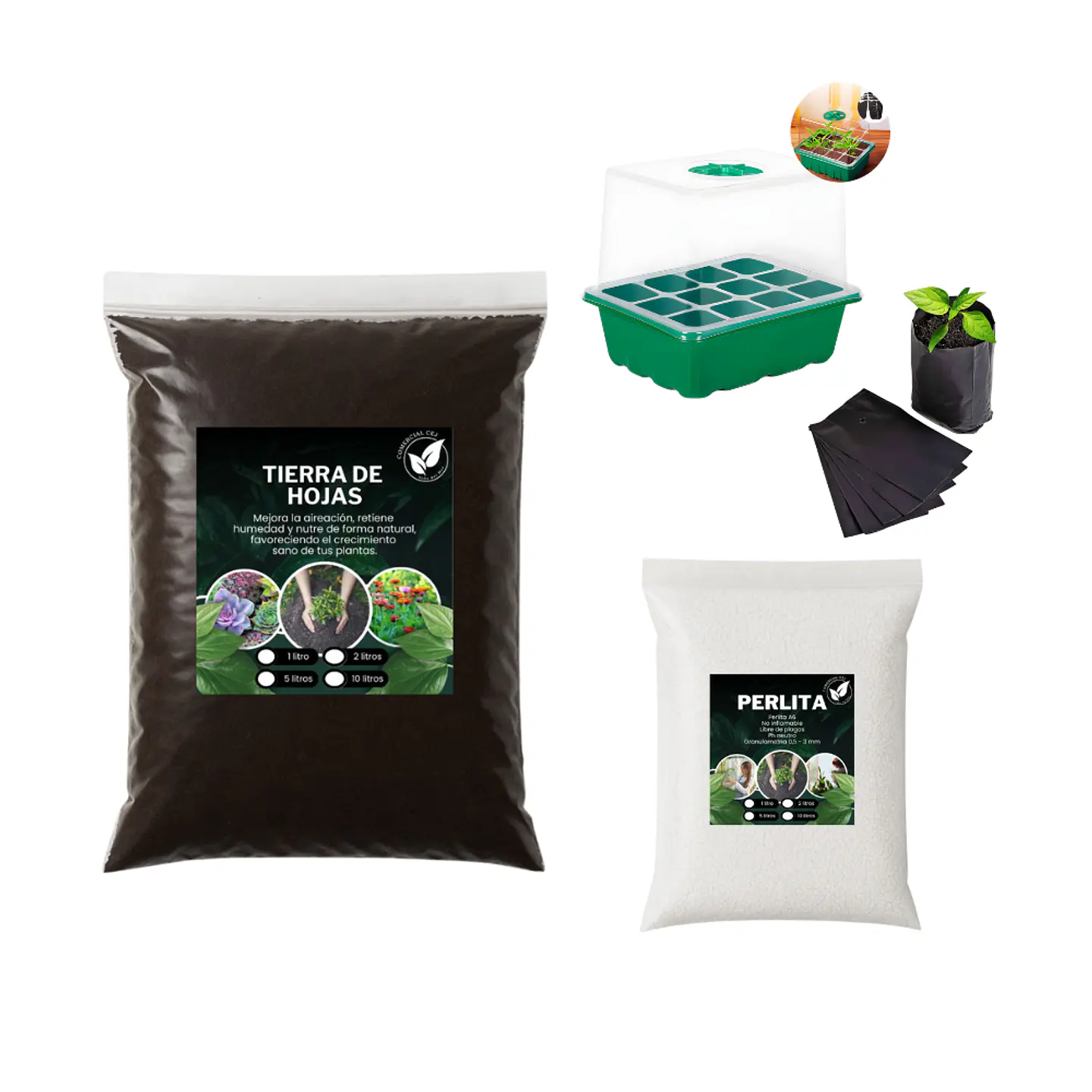 Kit Tierra De Hoja 5 Kg + Germinador + 50 Bolsas + Perlita 3 L 4