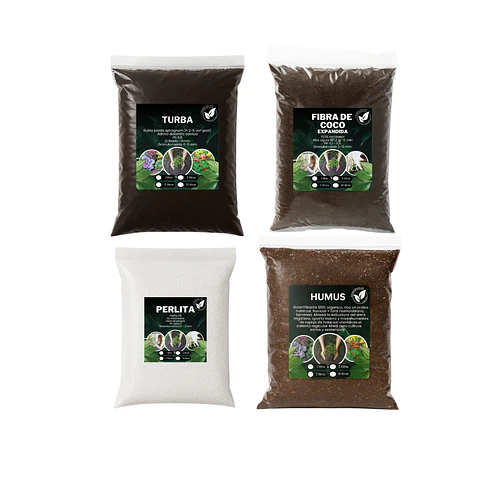 Pack 4 Sustratos – Turba, Humus, Perlita y Fibra de Coco 2 L c/u