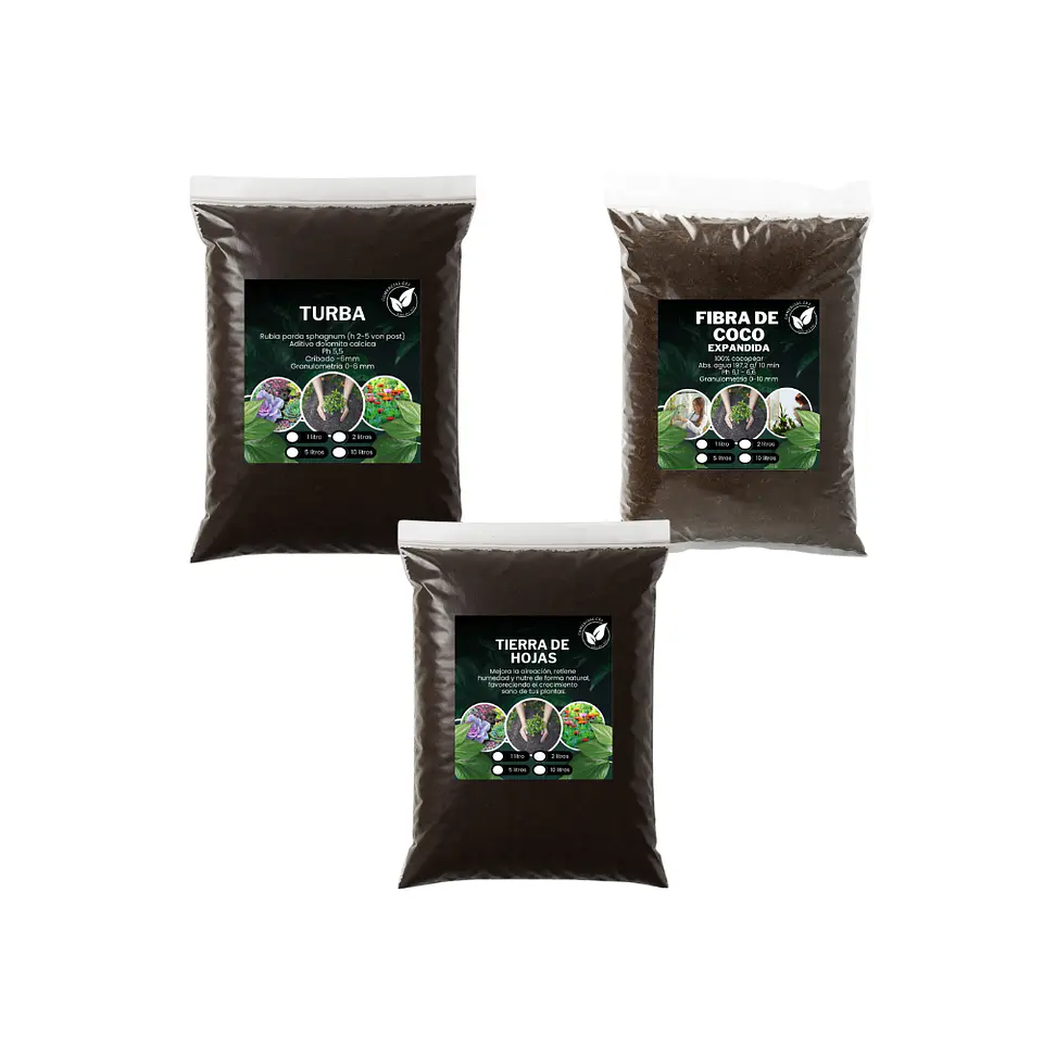Pack de Sustratos Premium – Tierra de Hoja Orgánica + Turba + Fibra de Coco 1