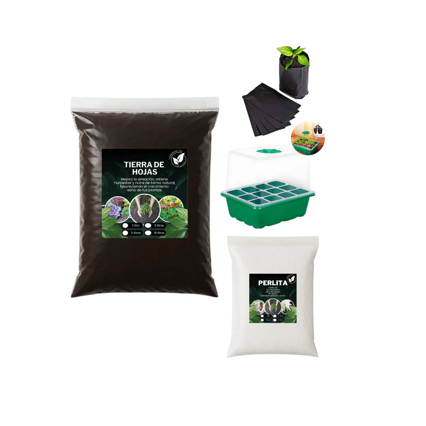 Kit Tierra De Hoja 5 Kg + Germinador + 50 Bolsas + Perlita 3 L 1