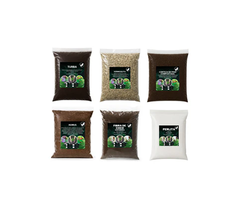 Pack Sustratos 6 en 1: Turba 5 L + Fibra coco 5 L + Humus 5 L + Vermiculita 5 L + Perlita 5L + Compost 5 L