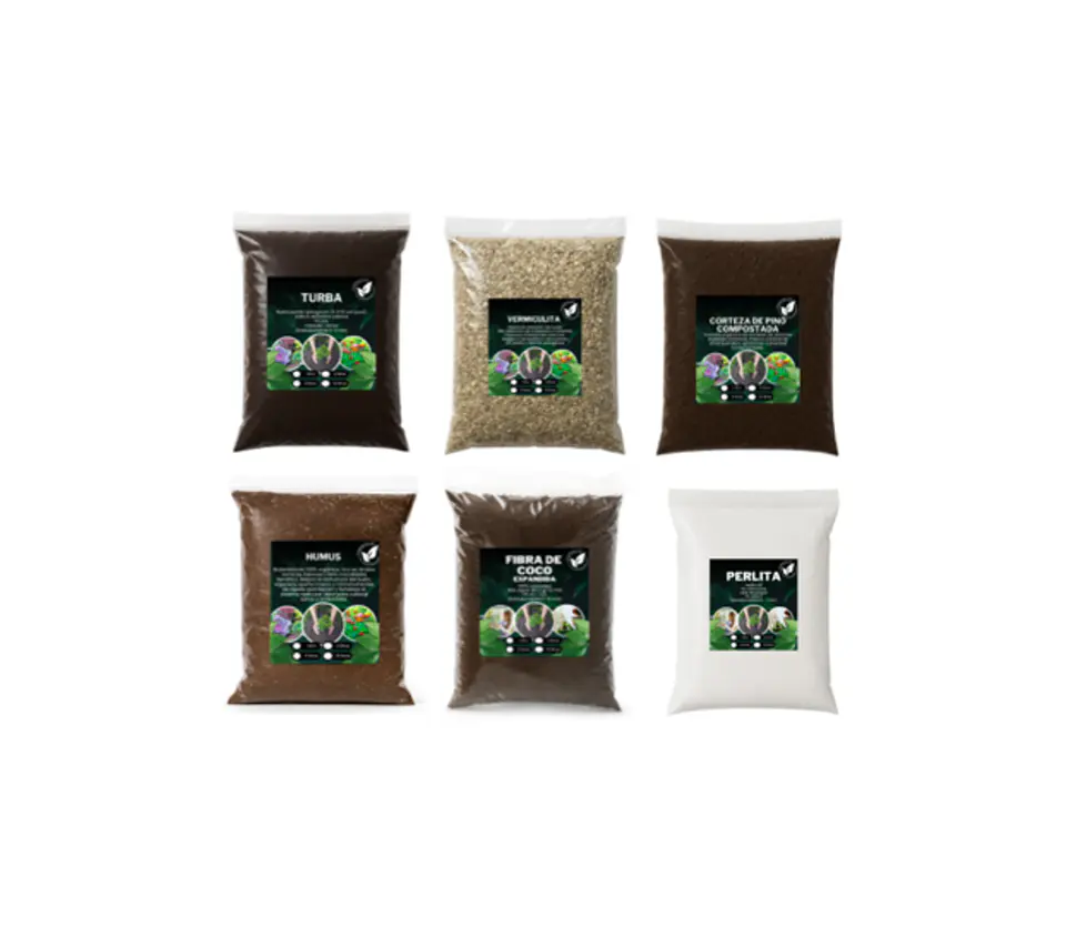 Pack Sustratos 6 en 1: Turba 5 L + Fibra coco 5 L + Humus 5 L + Vermiculita 5 L + Perlita 5L + Compost 5 L 1