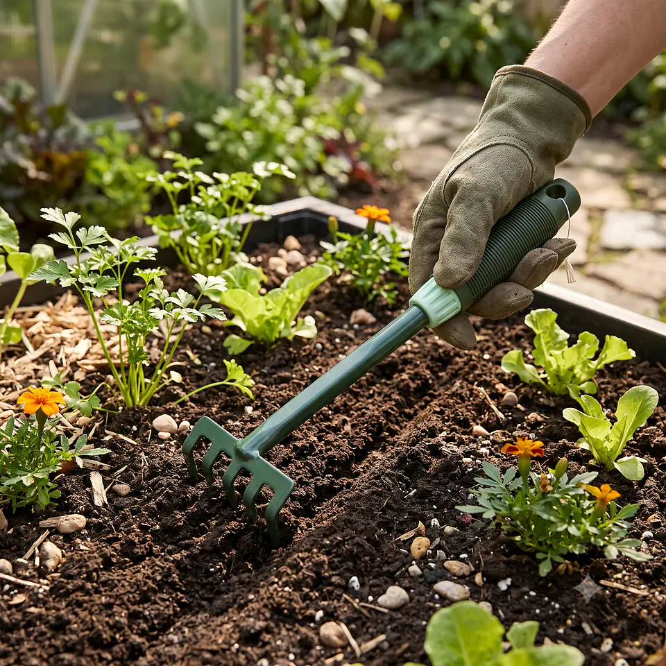 Rastrillo Metálico para Jardín con Mango Ergonómico 5 dientes rigidos 2