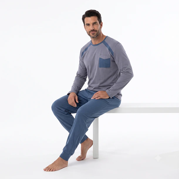Pijama Largo Algodón Bicolor Hombre 11