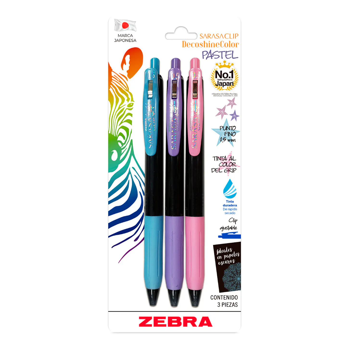Set 3 Lápiz Gel Sarasa Decoshine 05mm Pastel Zebra 1