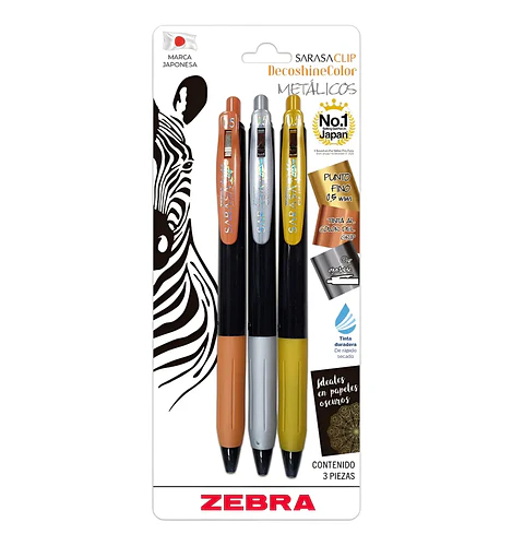 Set 3 Bolígrafo Gel Retráctil Zebra Sarasa Color Métalicos