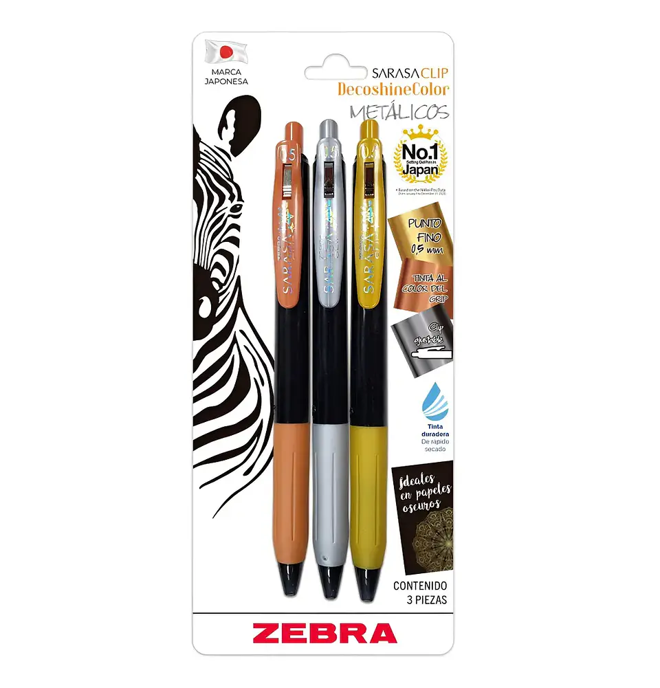 Set 3 Bolígrafo Gel Retráctil Zebra Sarasa Color Métalicos 1