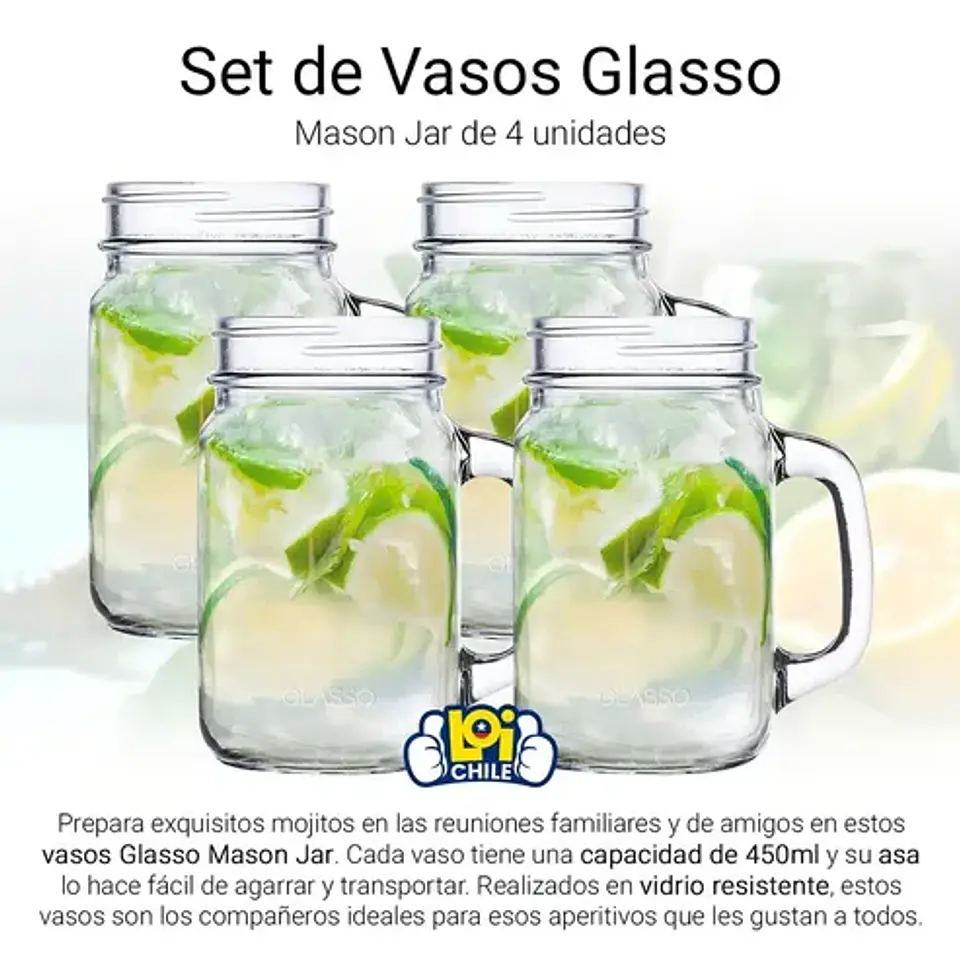 Set 4 Vasos Jarras Mason Jar Glasso 450ml Mojito Aperitivos 2