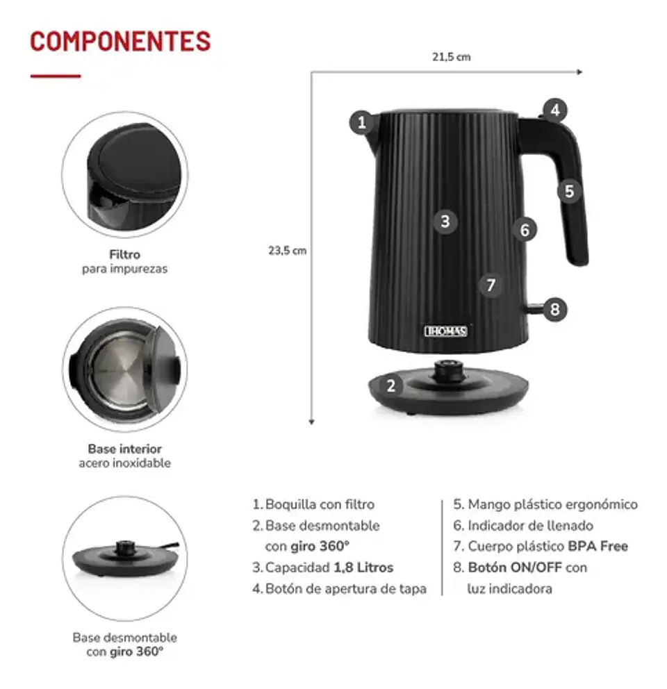 Hervidor Thomas Th-4343n 1.8l 2200w Rápido Y Económico 4