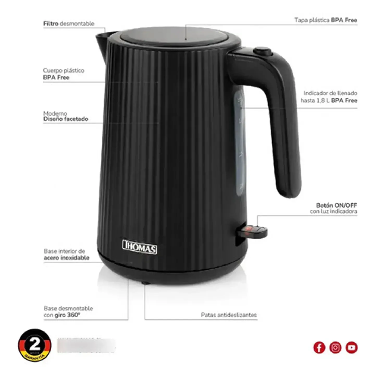 Hervidor Thomas Th-4343n 1.8l 2200w Rápido Y Económico 5