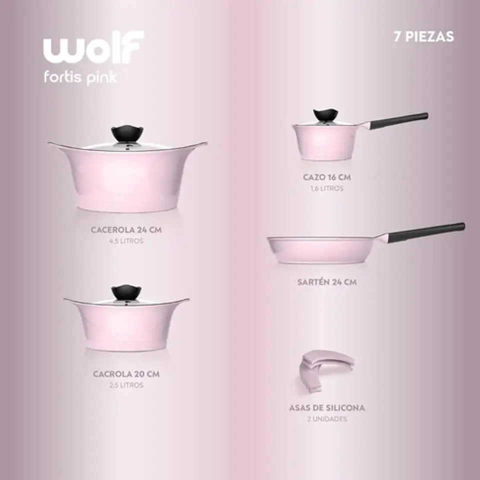 Batería Cocina Aluminio Fundido 7 Piezas Fortis Rosado Wolf 2