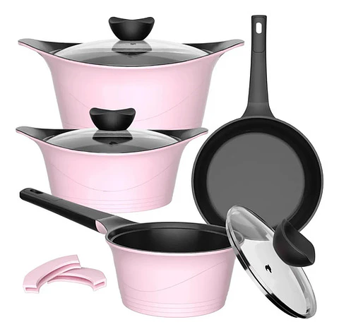 Batería Cocina Aluminio Fundido 7 Piezas Fortis Rosado Wolf