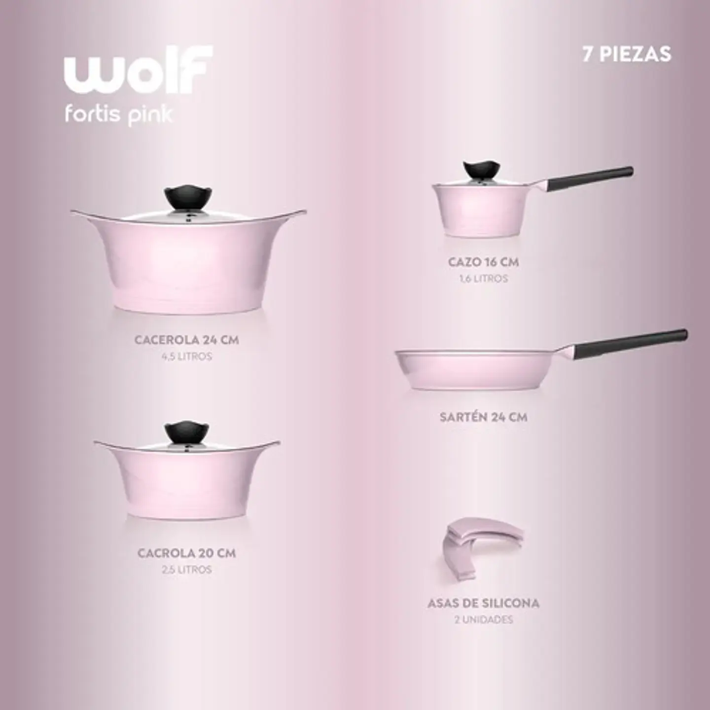 Batería Cocina Aluminio Fundido 7 Piezas Fortis Rosado Wolf 3