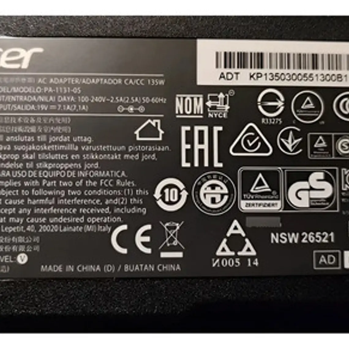 Cargador Para Cargador Acer 19v 7.1a 5.5x1.7mm 135w 1