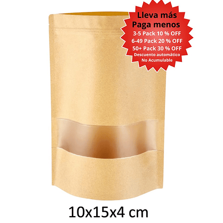 50 Bolsas papel Kraft 10x15x4 cm con ventana cierre hermético