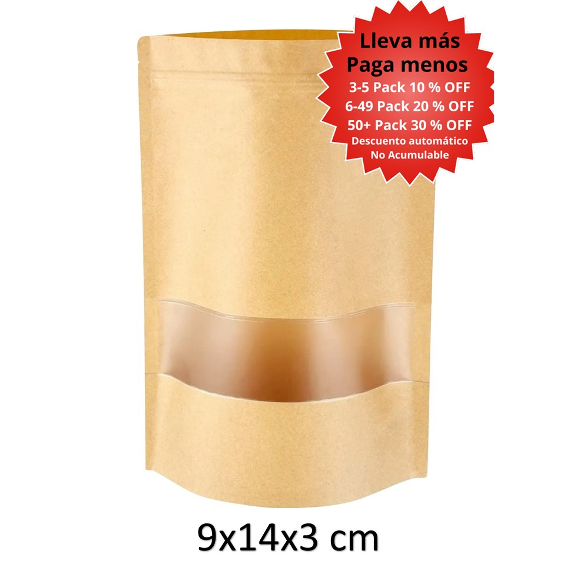 50 Bolsas papel Kraft 9x14x3 cm con ventana cierre hermético